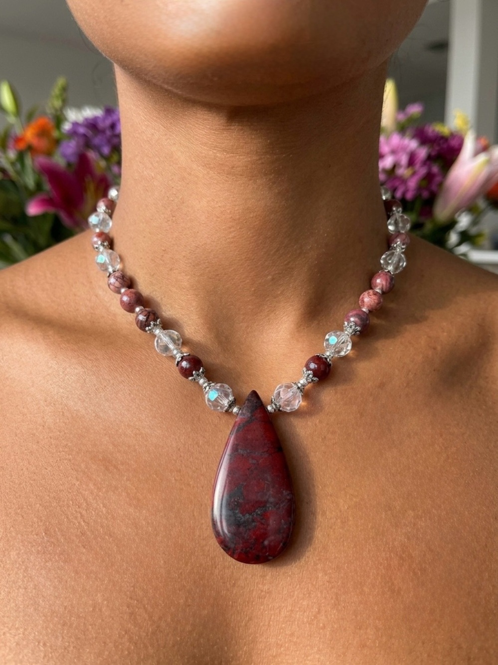 Red Brecciated Jasper Pendant, Porcelain Jasper Beads & Faceted Crystal Necklace